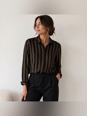 Express Portofino Striped Button Down Blouse M Hidden Button Black Brown Top